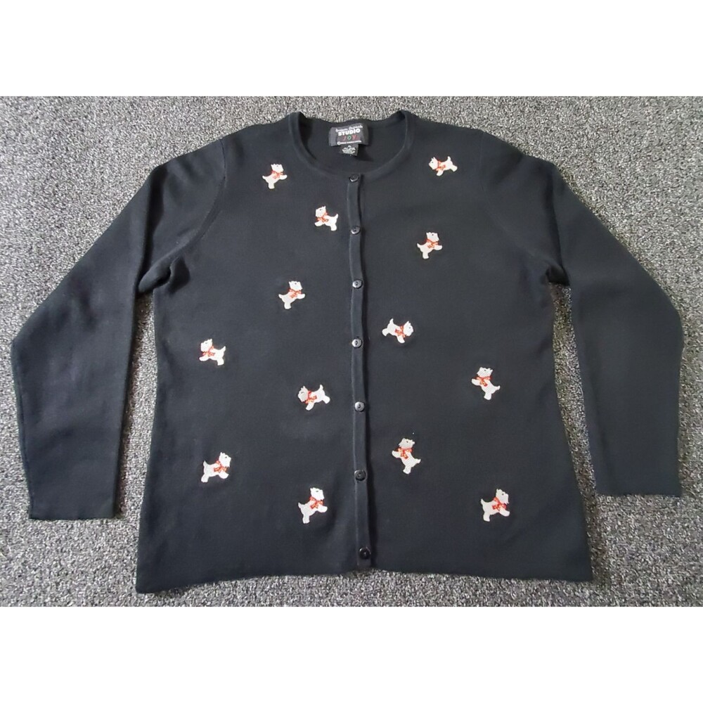 DO Studio Joy Cardigan Sweater Women PL Black Scottie Dog Print Terrier Puppy